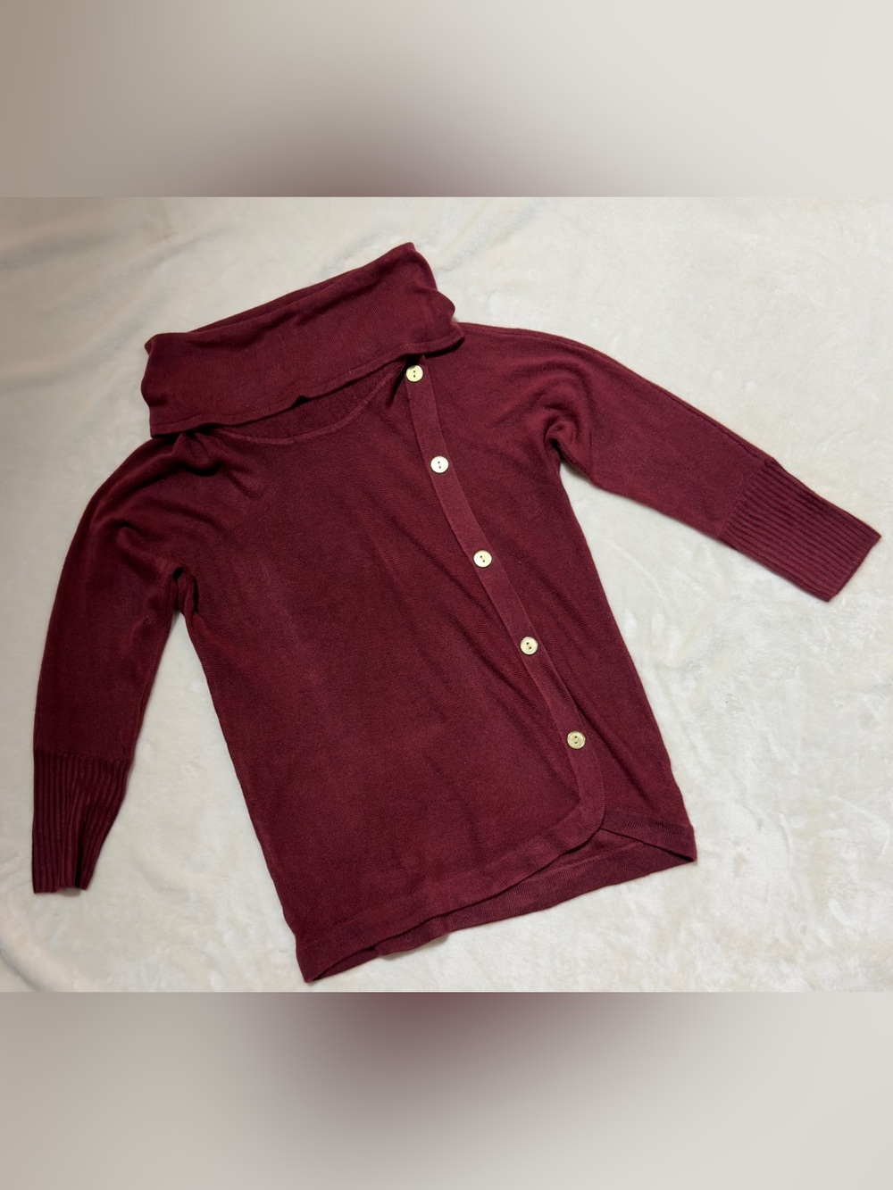 Adrienne Vittadini Burgundy Button-Side Cowl Neck Sweater